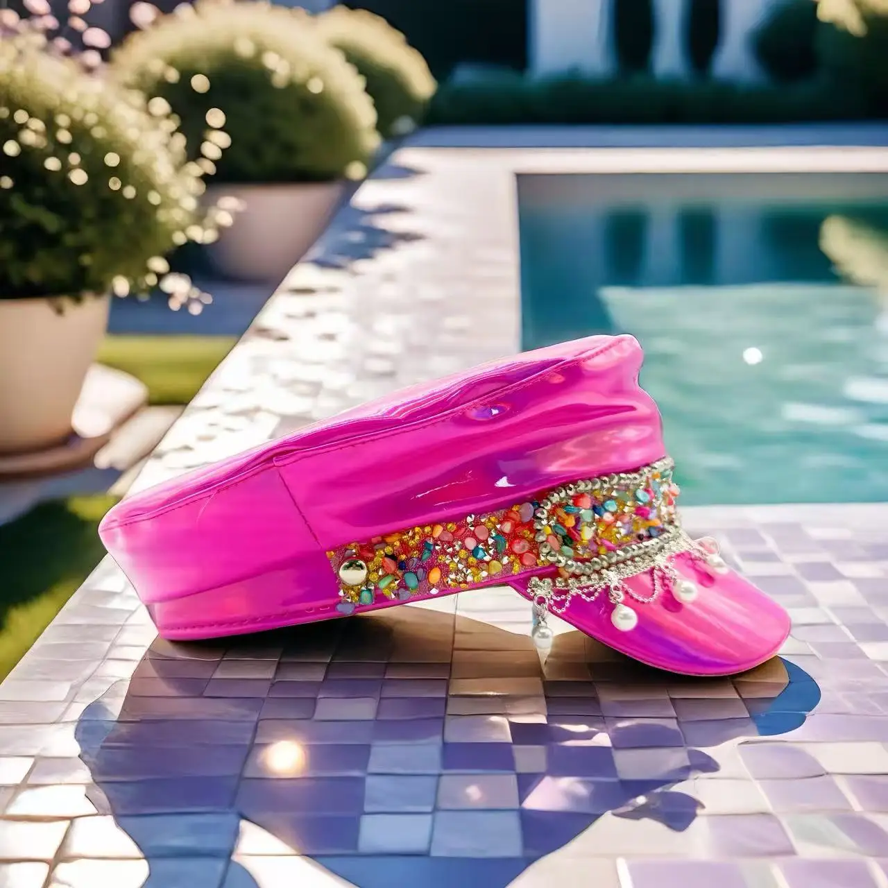 HongLuan  Laser Leather Captain Hat Rhinestone & Military Caps for Woman, Rave Festivals Accessories ＆ Party Cap Man Cosplay Fem