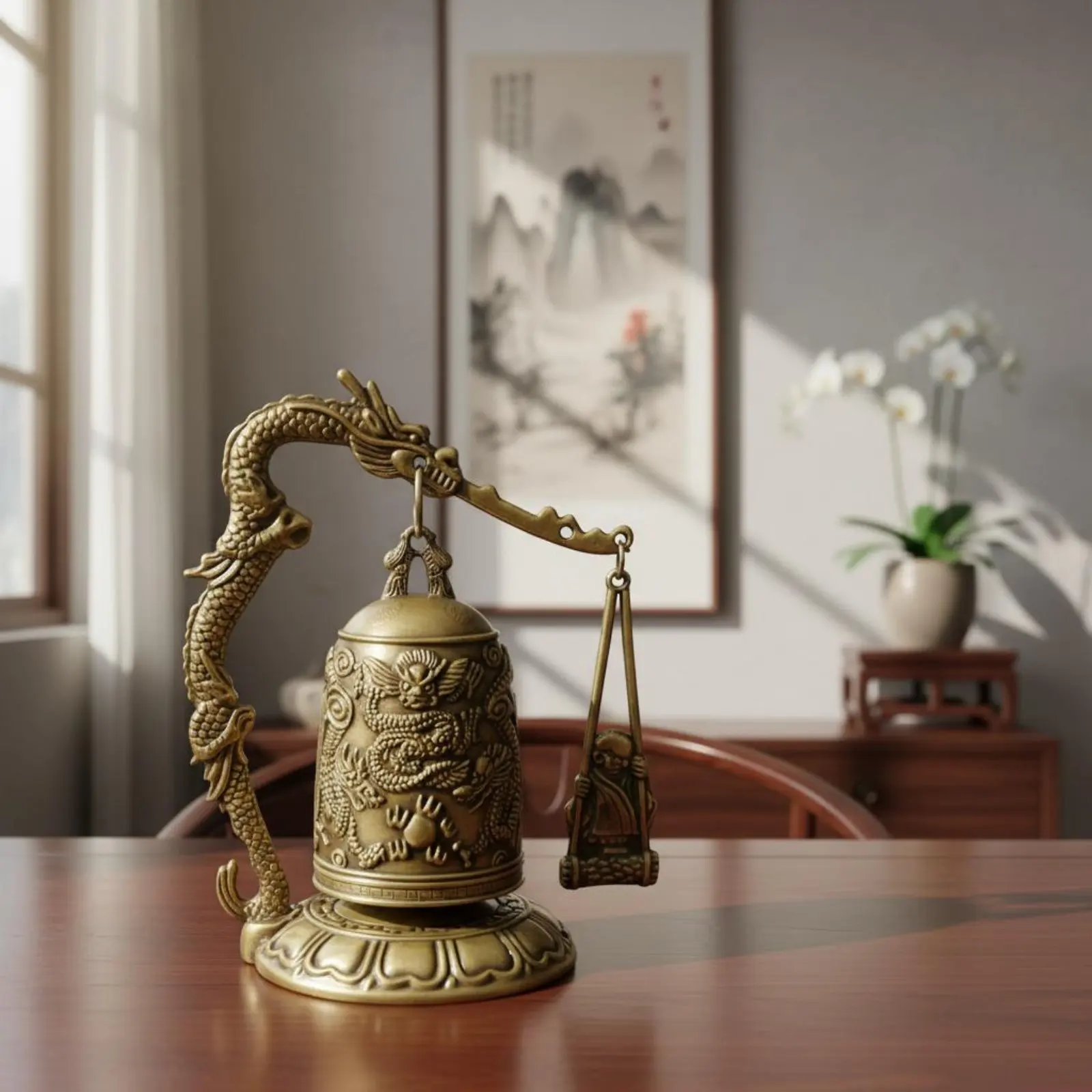 Gong en bronze au design antique avec motifs en relief, créature mythique chinoise, décoration de maison, décoration apaisante pour le bureau