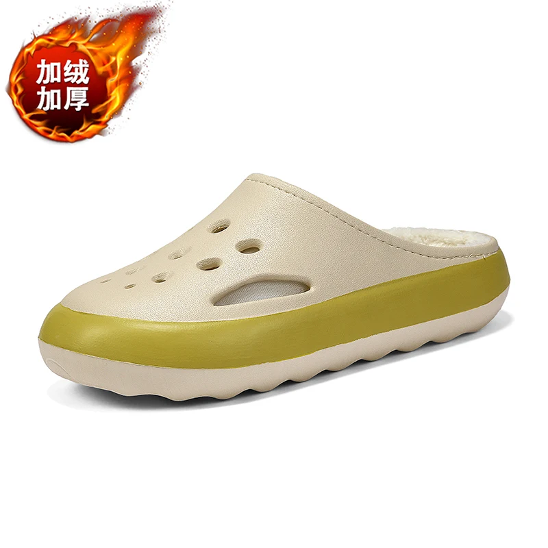 داخلي المنزل أحذية قطنية شتاء دافئ أفخم الفراء قباقيب لينة نصف أحذية للرجال النساء عارية الذراعين الصنادل المطاطية حديقة الأحذية