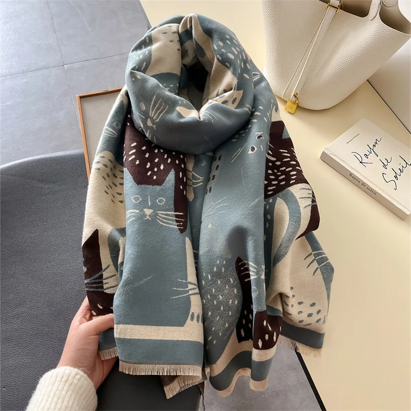 Double-Sided Cute Cat Designer Women\'s Winter Outdoor Cold-Proof Imitation Cashmere Print Warm Scarf Shawl Pashmina Stole