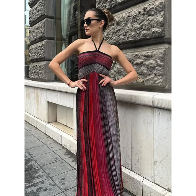 

Resort Style Knitted Stretchy Long Skirt 2025 Fashion Halter Tube Top Sleeveless Backless Stripe Sexy Long Dress Women Summer