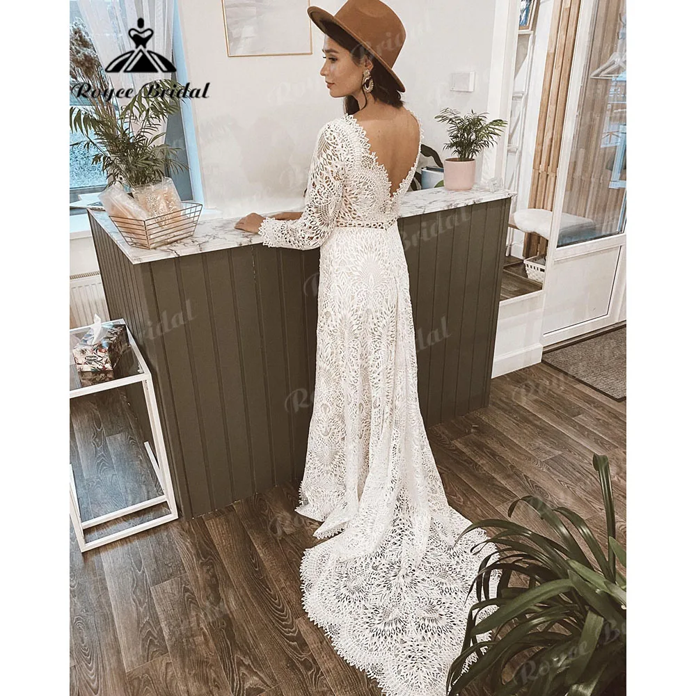 Vintage Long Sleeve Lace Mermaid Boho Wedding Dress for Women Backless 2025 Robe Mariee Wedding Gown Customized Roycebridal