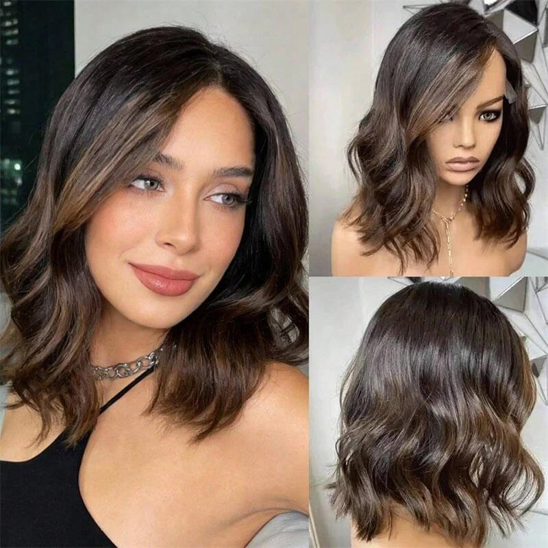 

Короткий парик-боб, коричневый с балаяжем, светлый, с кружевной передней частью, для женщин, 13x4, темно-серый с мелированием, синтетические волосы, для косплея и вечеринок