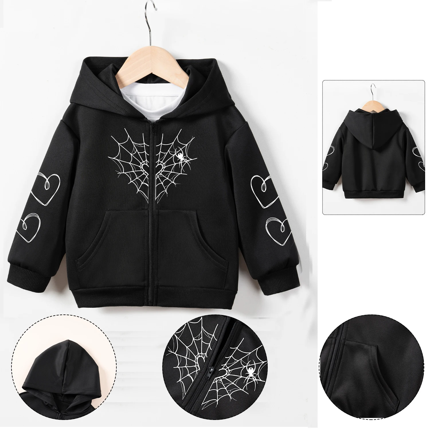 Spring and Autumn Boys Coat Casual Children Hooded Long Sleeve Clothes Black Jacket Fashion Spider Web Printing Soft Comfortable