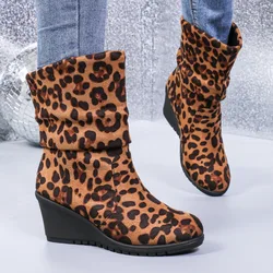 Ladies Shoes 2024 Mid-Calf Women's Boots Rome Modern Boots Women Pleated Round Toe Slip on High Wedges Plus Size Female Shoes