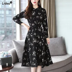 Office Lady Casual Elastic Waist Button Printing Knee Skirts Dresses Spring Summer Autumn Thin Round Neck Slim Women's Clothing