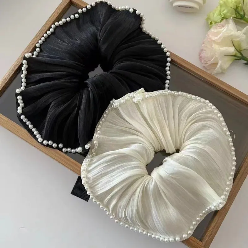 Retro Satin Pearl Pleated Oversized Scrunchie Headdress 2024 Autunn Winter Luxury Temperament Women Hair Band Hair Accessories