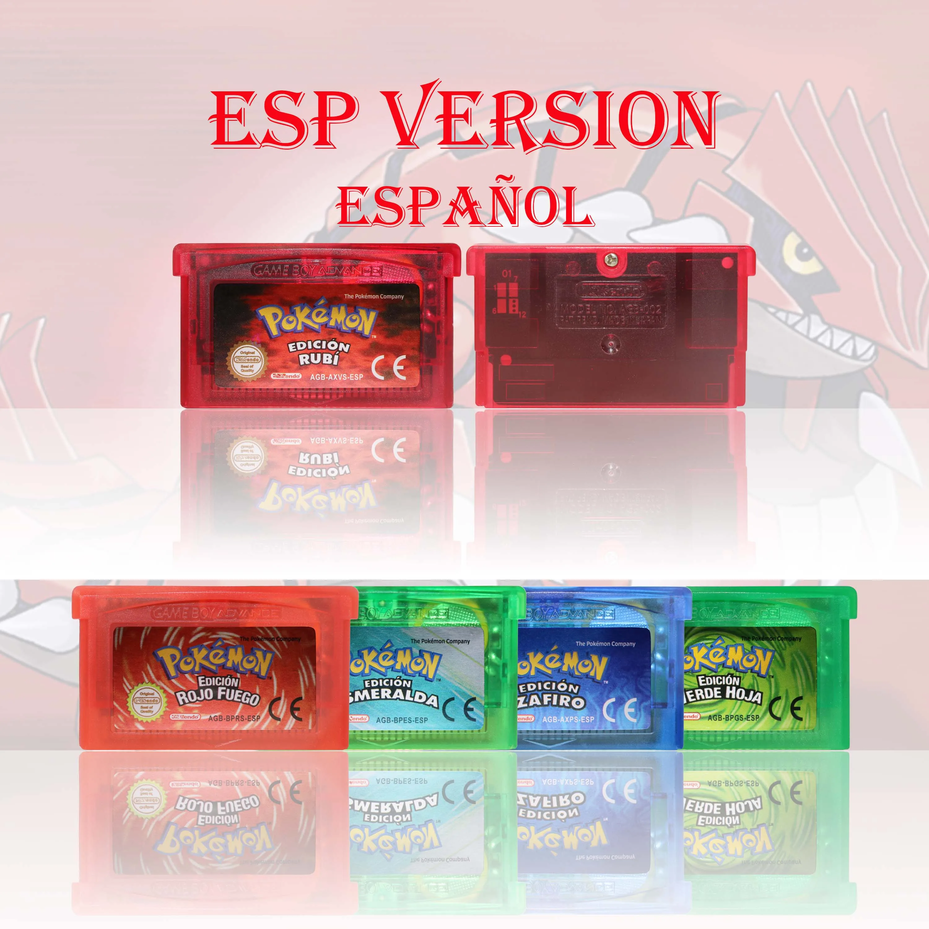ESP Version Pokemon Rubí/Zafiro/Esmeralda/Rojo Fuego/Verde Hoja Game Cartridge GBA Video Game Card High Quality with Battery