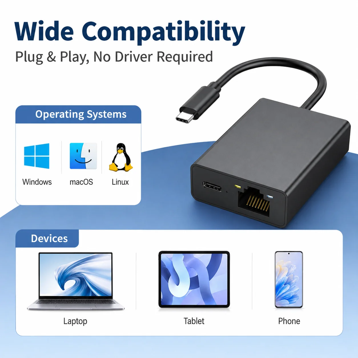 Type-C To RJ45 Adapter for Tablets, Laptops, and Mobile Phones, Gigabit Broadband Network Converter