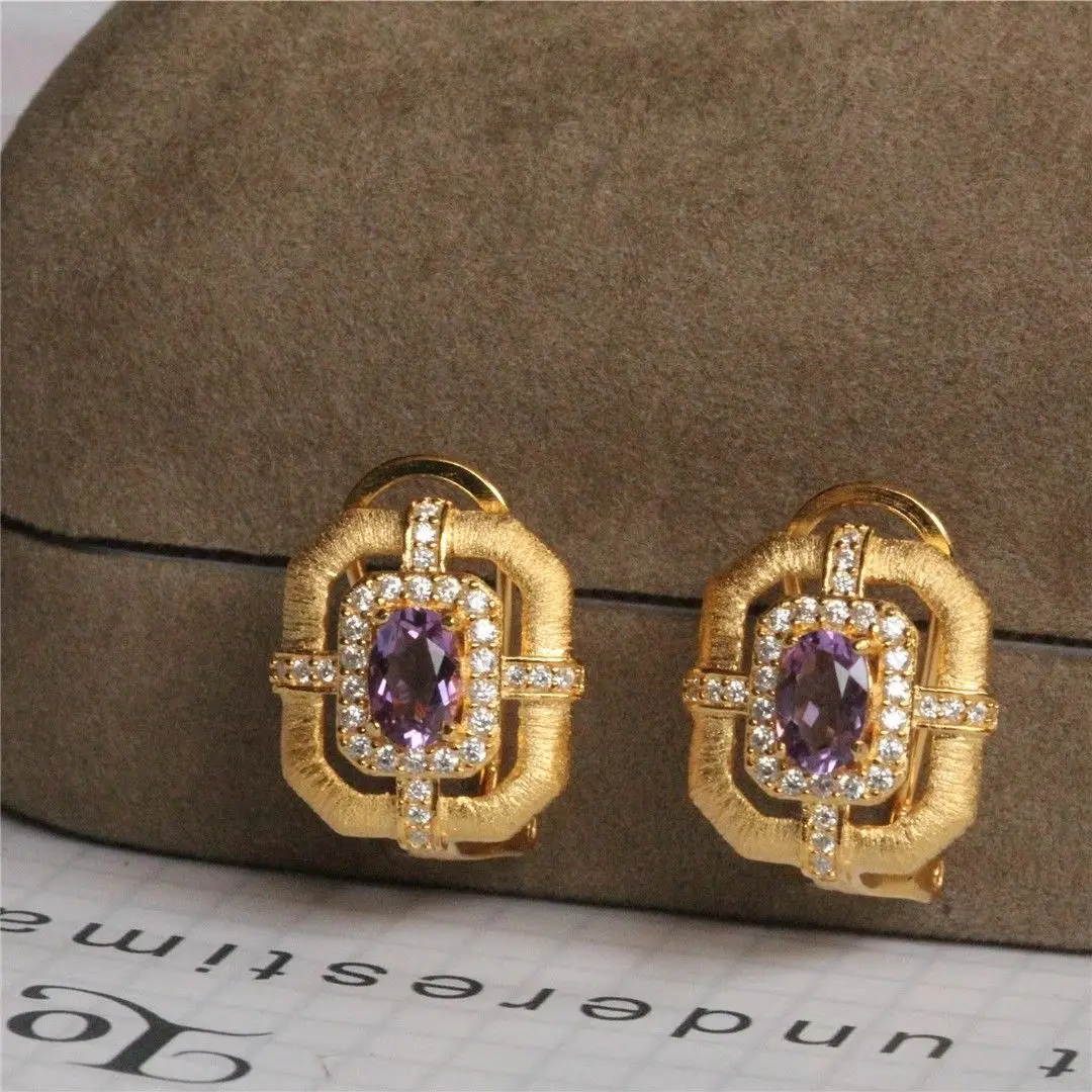 Brushing process amethyst aquamarine stud earrings female medieval return wind niche temperament topaz ear buckle