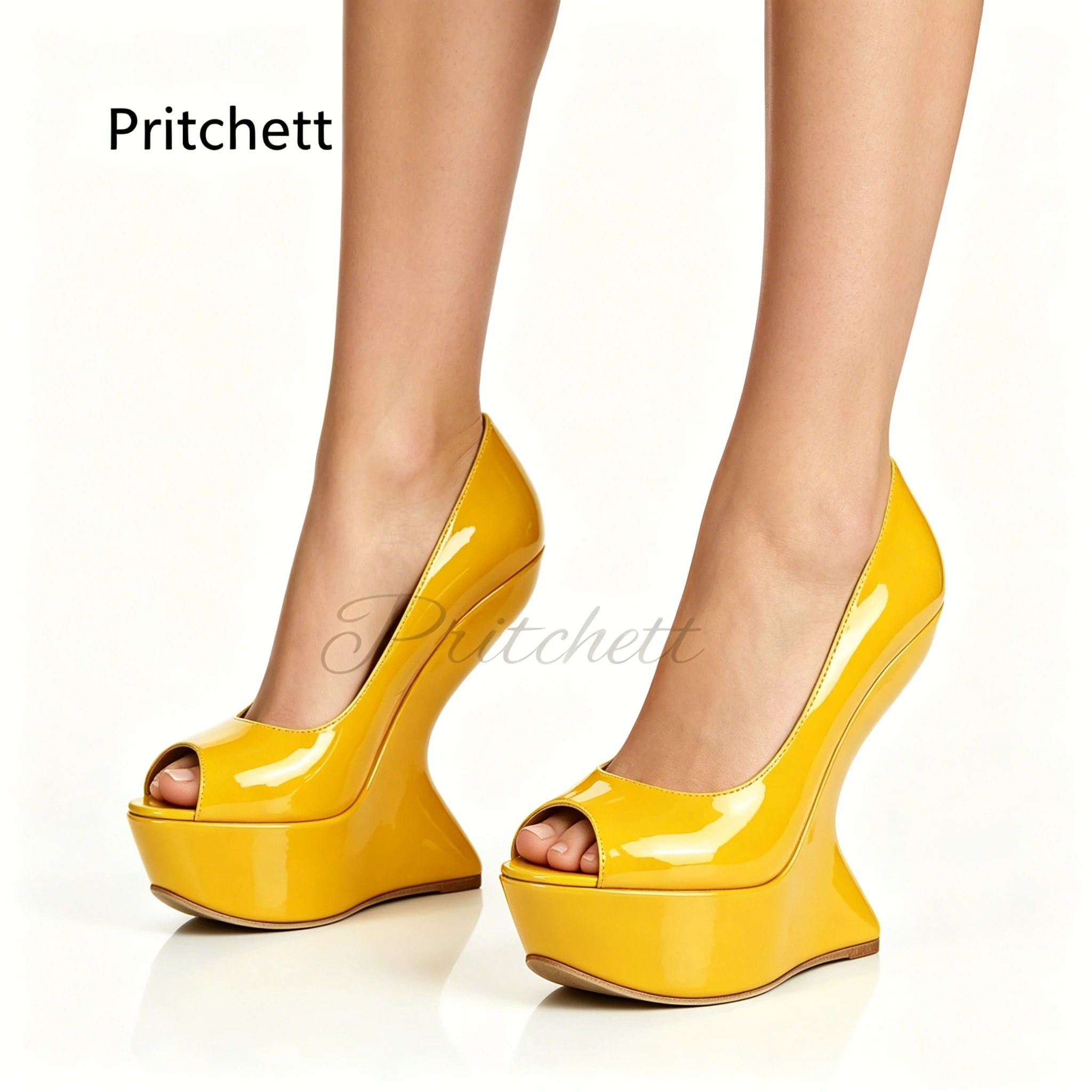 

Yellow Peep Toe Platform Wedge Pumps for Women Sexy Fashion Patent Leather High Heels Shoes Slip On Nightclubs Party Shoes
