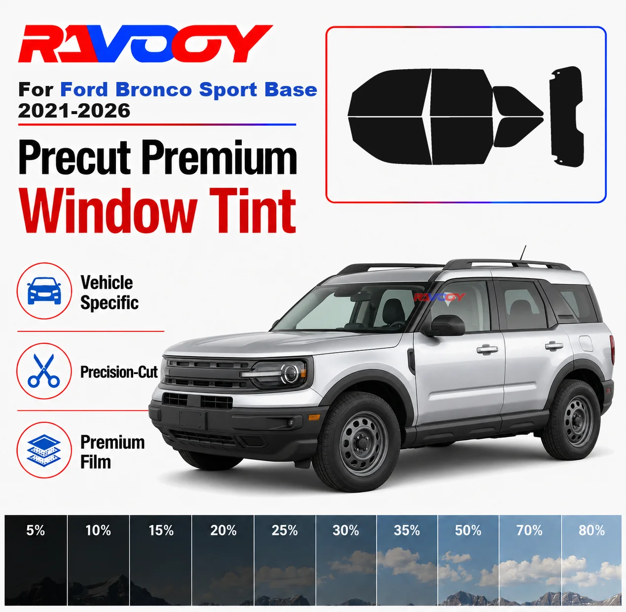 Premium Precut Window Tint Kit Front Windows Rear Windows Rear Windshield For Ford Bronco Sport Base 2021-2026 Nano Ceramic Film