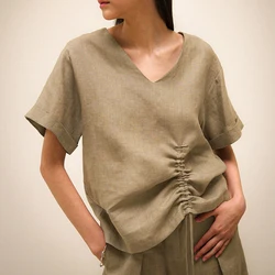 100% Linen Women's T-Shirt Sexy V-Nevk Short Sleeve Top Drawstring Summer Streetwear Tees Female Clothing Ropa Aesthetic
