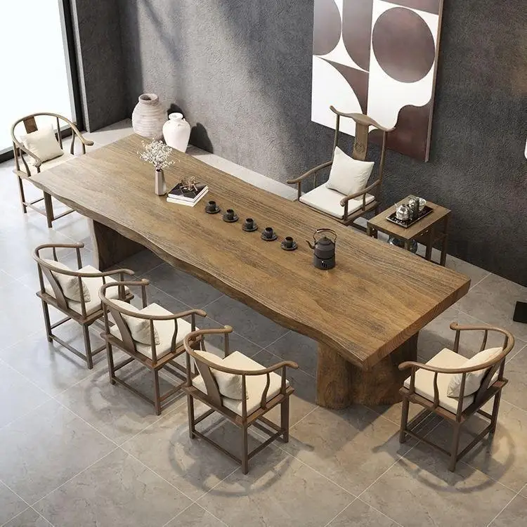 Household living room solid wood tea table and chair combination large board whole board log thick board