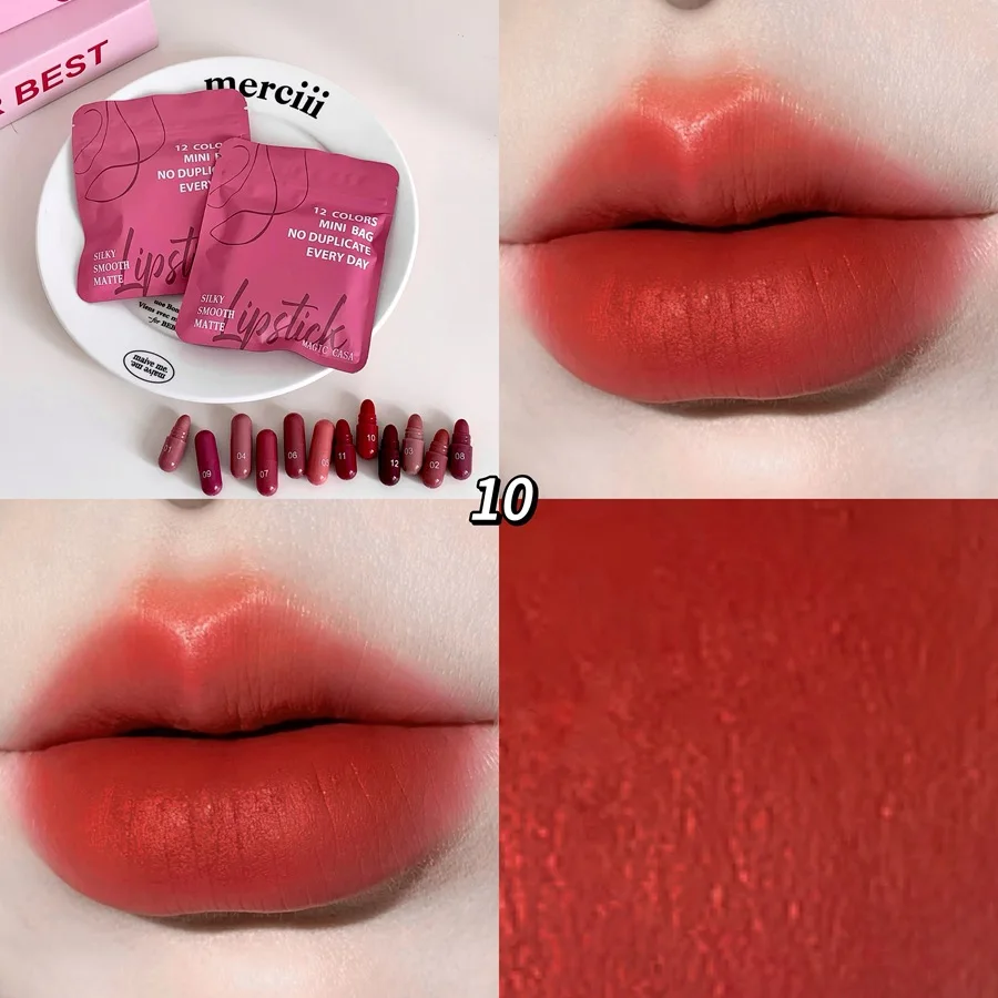 Juego de pintalabios cápsula de 12 colores, esmalte de labios mate de terciopelo resistente al agua, Sexy desnudo, fácil de colorear, taza antiadherente, lápiz labial, maquillaje novedoso