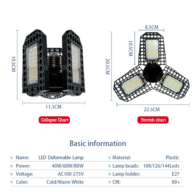 1/2pcs LED Deformable Bulb E27 Led Lamp Super Bright 40W 60W 80W Garage Light AC 85-265V Deform Light for Warehouse Factory Gym