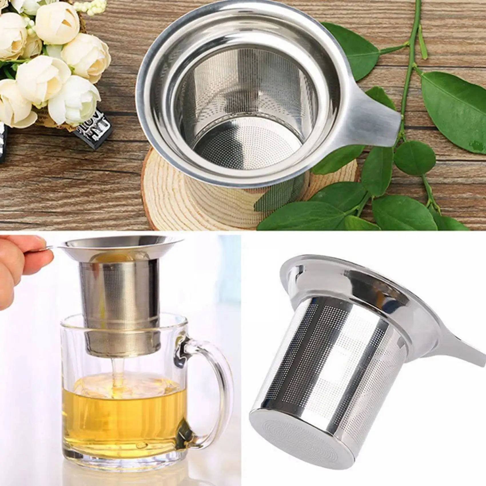 FLYY-2X Teefilter aus Edelstahl, Teekanne, Teesieb, Kaffeetasse, Siebfilter, hochdichter Filter mit Griff – Detail 2