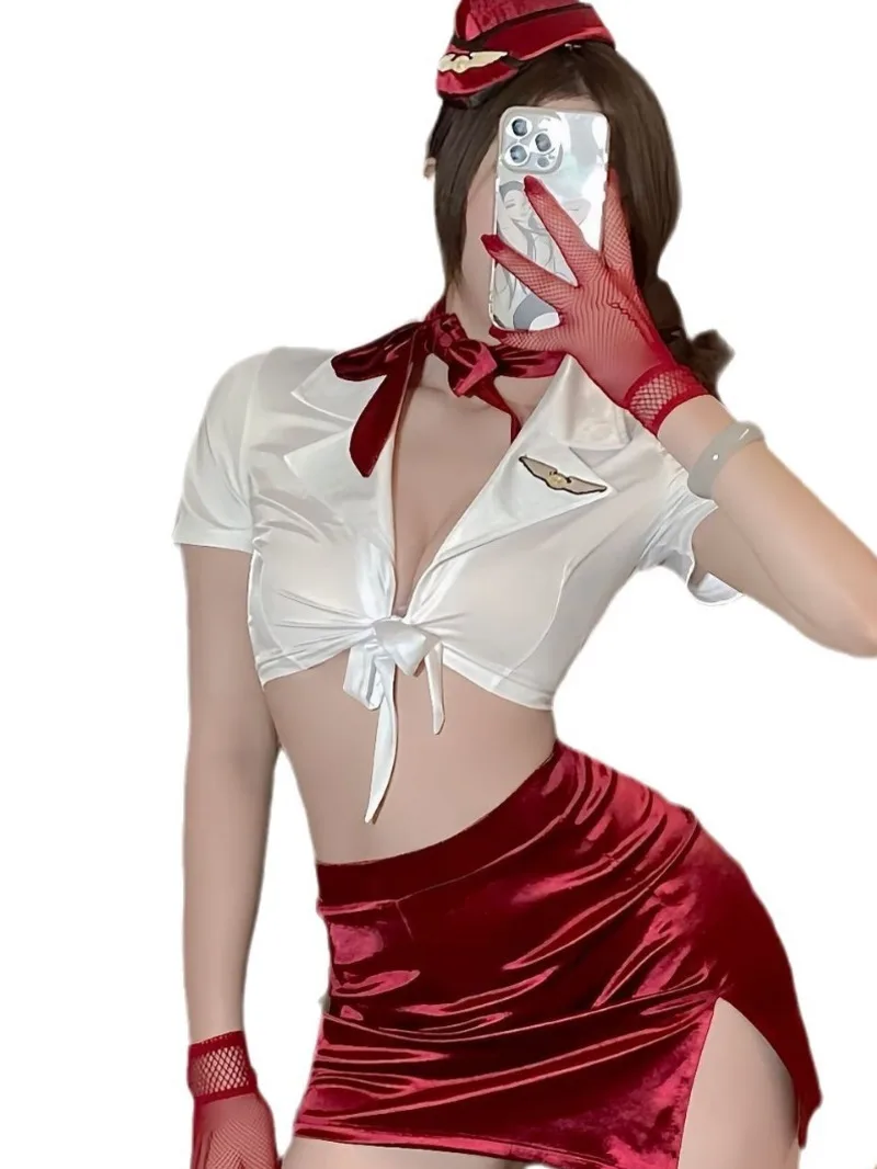 Sexy Flight Attendant Uniform Role-playing Fashion Sweet Secretary Short Sleeves Package Hip Close-fitting Two-piece Suit I4VZ