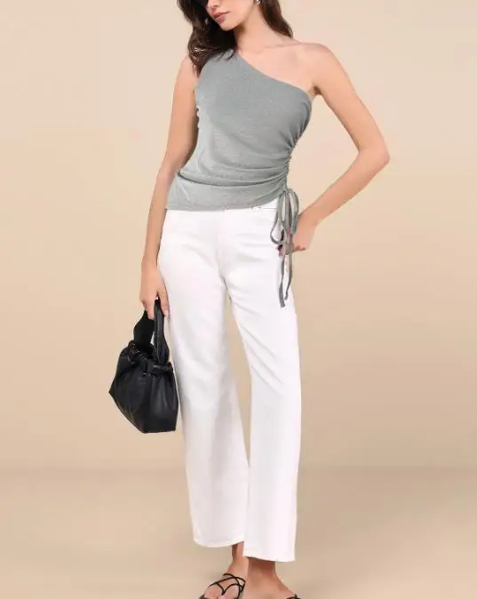 

Summer Women's Slanted Shoulder Drawstring Sleeveless T-Shirt Solid Color Slim Fit Sexy Pleated Top for Women