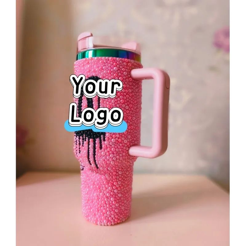 Sparkling Acrylic Pearl-encrusted Coffee Mug Gemstone Embellished Tumbler Glamorous DIY Design Exquisite Mosaic Vacuum Straw Cup