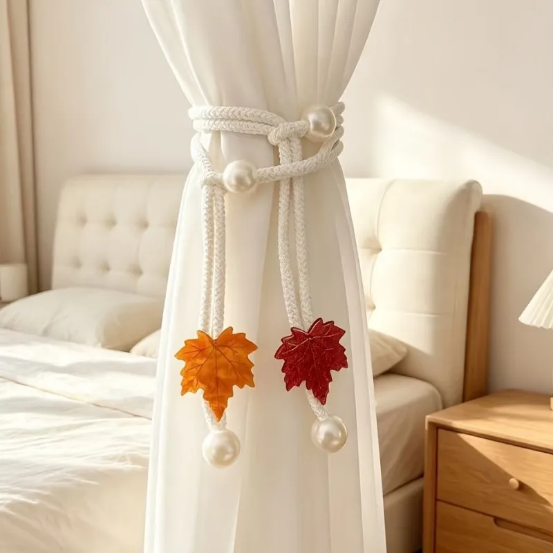 2pcs Autumn Faux Maple Leaf Decorative Curtain Ties, Suitable for Matching Themed Sheer Curtains, Curtain Gathering Fixer