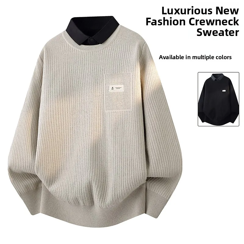 

Мужской вязаный свитер с высоким воротом, имитация двухслойности, повседневный, осенне-зимний, из полиэфирного волокна, в стиле Maturi Faion