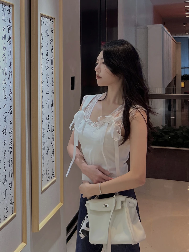 High Level Ballet White Sleeveless Lace Vest Top Women's Inner Wear Outer Wear Advanced Cotton Short Length  Color