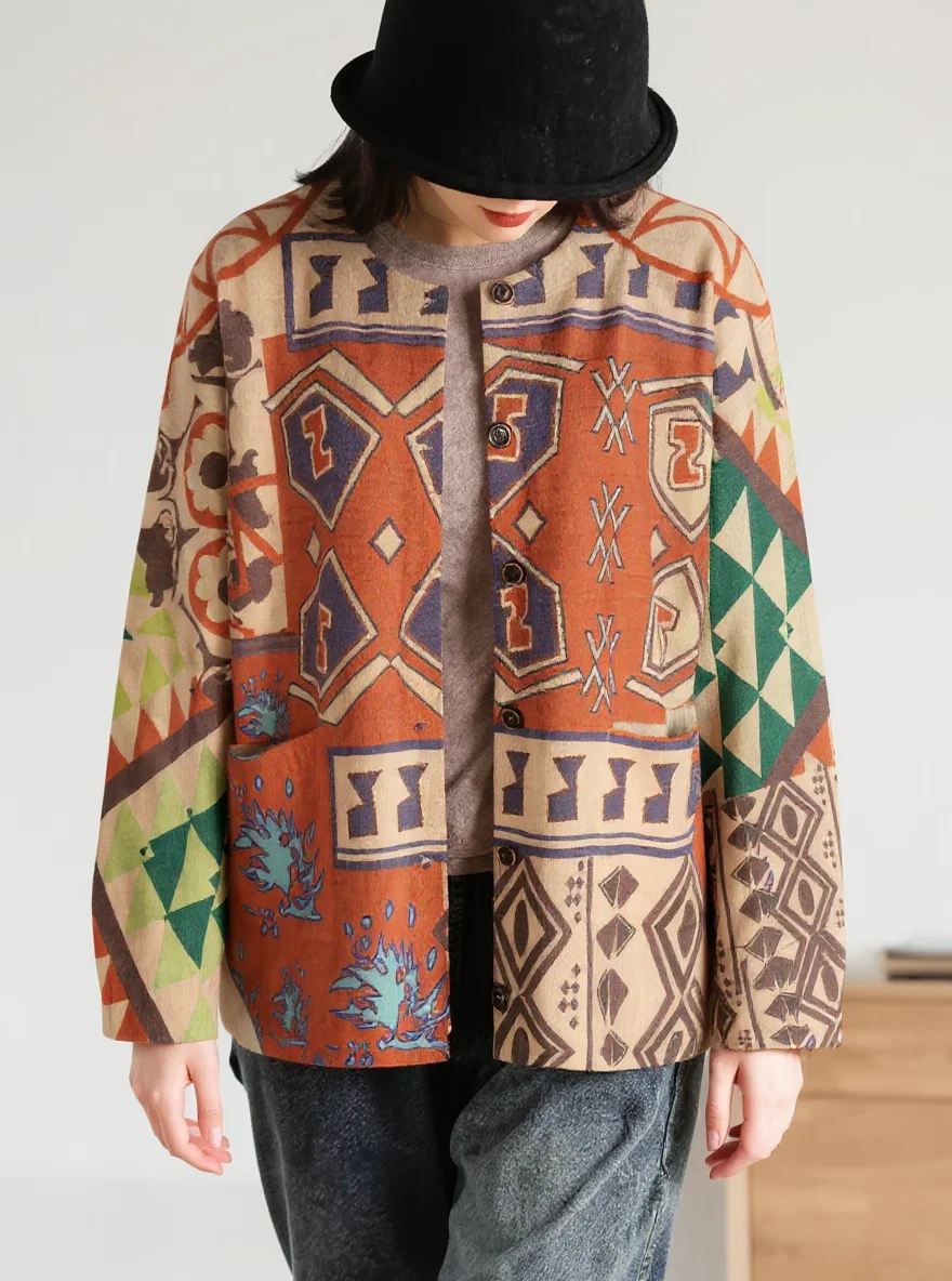 Women Vintage Ethnic Geometric Print Cardigan Long Sleeve Button Down Knit Sweater With Pockets Loose Casual Outerwear Coat