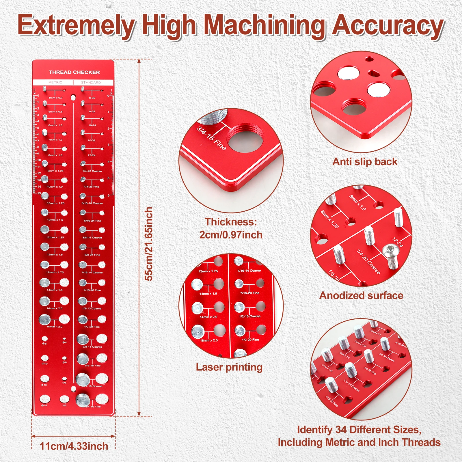 Nut and Bolt Thread Checker Kit Aluminum Alloy 30/34 Thread Reader Standard & Metric Size Accurate Nut Screw Measurement Tool