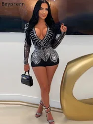 Beyprern Glam Long Sleeve Black Rhinestone Rompers Chic Sequin Women's Short Jumpsuit One Piece Night Club Wear Birthday Outifts