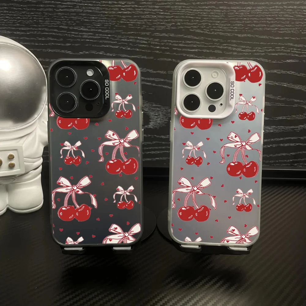 

1pc Cute Cherry Pink Bow.jpg Phone Case IMD Color Silver Shell For IPhone 16 15 14 13 12 11 Pro Max Plus