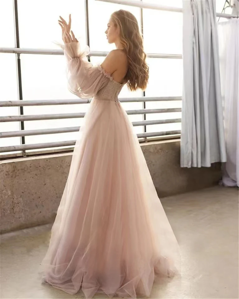 تخصيص مثير اللحوم الوردي الحبيب قبالة الكتف ألف خط كم طويل طول الأرض فستان حفل زفاف مناسبة رسمية الطية