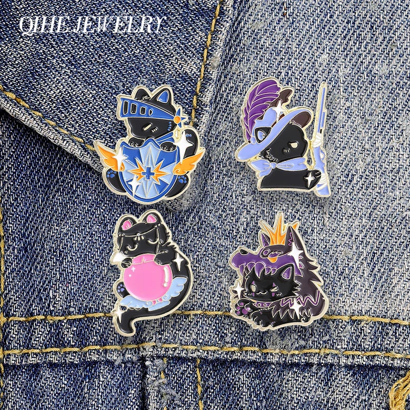 Cosplay Card Reasoning Game & Black Cat Enamel Pin Punk Demon Witch Cat Knight Shield Black Cat Brooch Lapel Bag Badges Jewelry