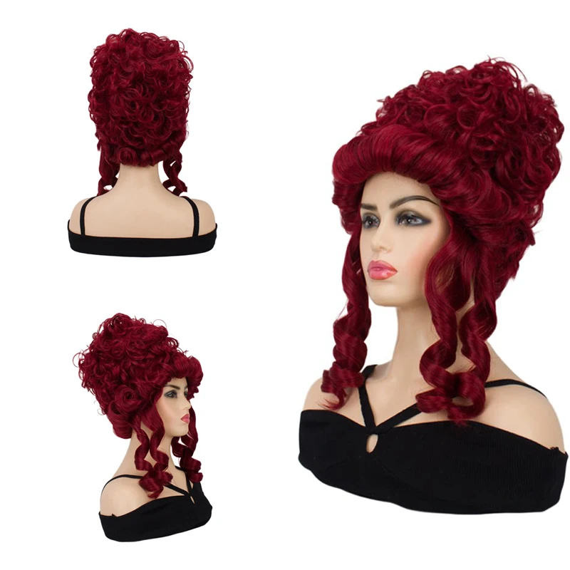 

Wine Red Victorian Wig for Women Rococo Queen Princess High Curly Updo Wig for Halloween Cosplay Renaissance Theme Party