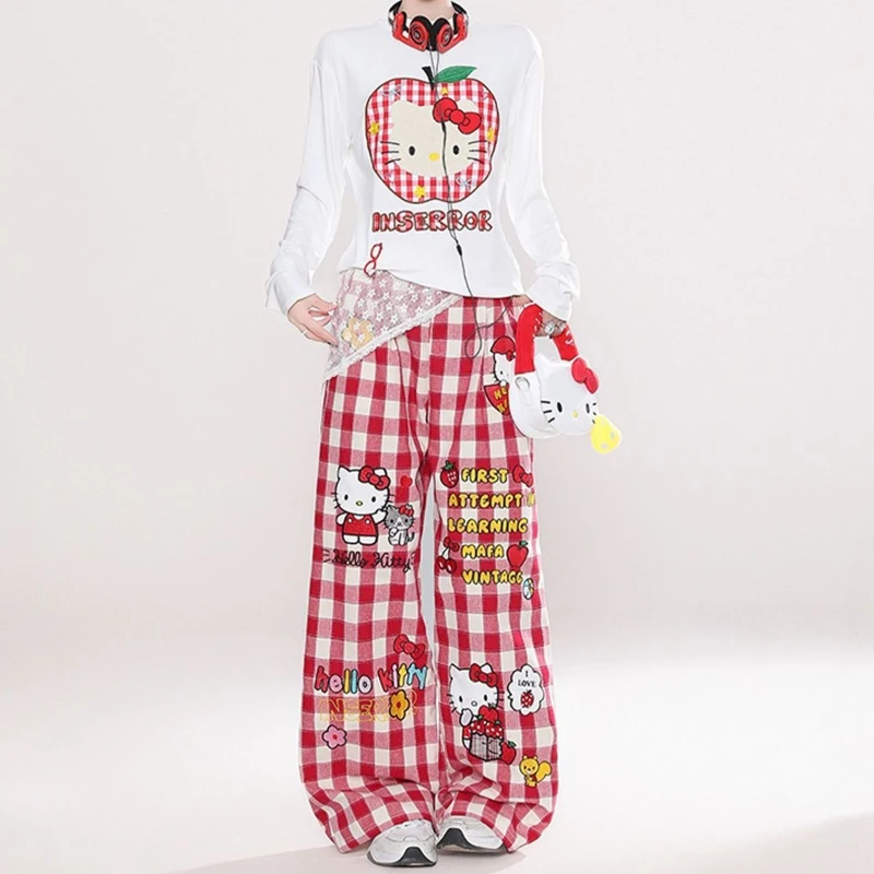 

Red Women's Casual Pants Red Dopamine Cartoon Pattern Hello Kitty Plaid Autumn New Temperament Versatile Loose Wide-leg Pants