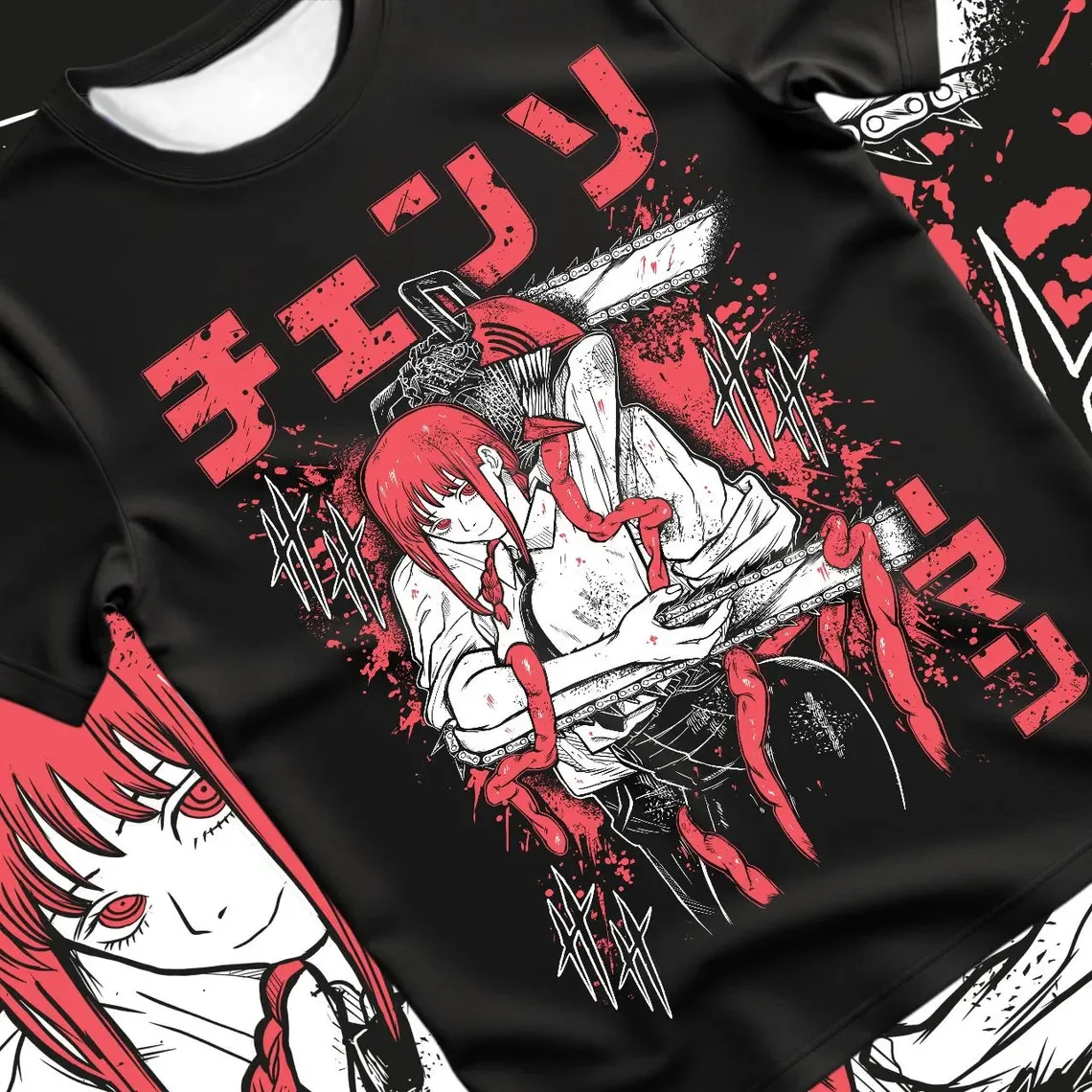 Chainsaw Man Makima Dark Anime Trend T-Shirt Red and White Color-Block 3D Print Hot Manga Style Short Sleeve,Shorts, Friends