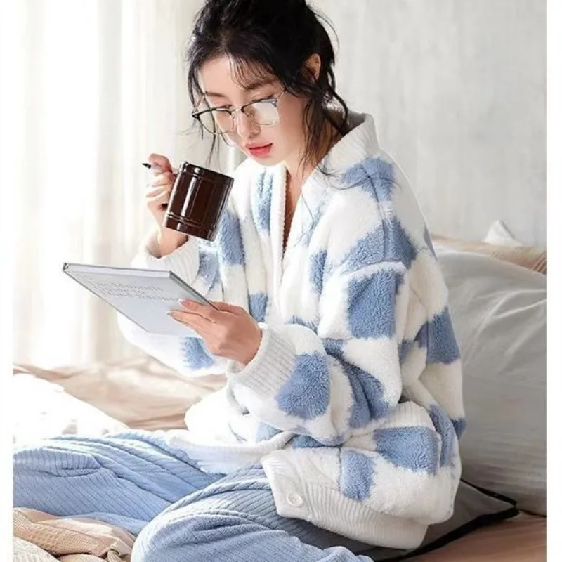 Add Fleece To Thicken Flannel Fallow Sweet Can Worn Outside Two-piece Home Set Pajamas Women Fall Winter Coral Fleece Pajamas