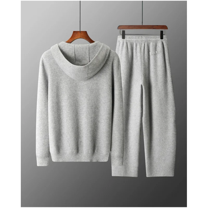 Men's Merino Wool Knitted Suit Hooded Zipper Cardigan Long Pants Tracksuit 100% Merino Wool Comfortable Breathable
