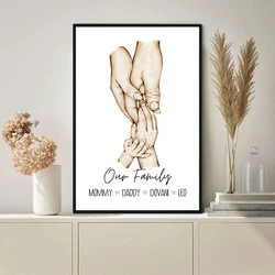 Carteles de manos familiares con tonos de piel, póster personalizado con nombre, impresiones de corazón, arte de pared, pintura en lienzo, imágenes, decoración de sala de estar