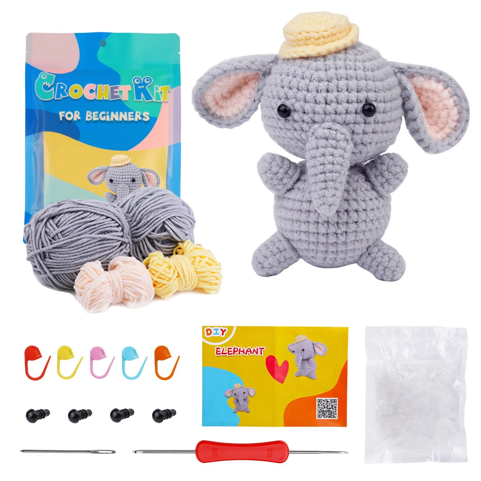 Beginners Crochet Kit DIY Crochet Elephant Animal Kit Knitting Kit with Yarn Polyester Fiber Crochet Hooks Crochet Starter Kit