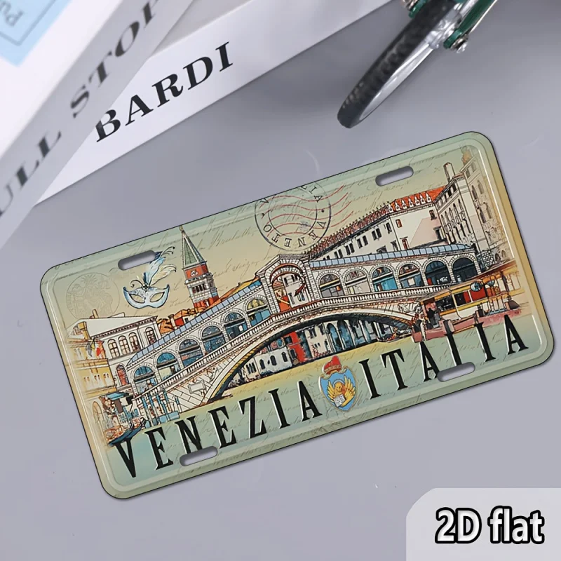 ملصق سفر إيطالي عتيق مسطح ثنائي الأبعاد - لافتة ديكور جدارية معدنية من فينيسيا إيطاليا مع جسر ريالتو وجندول #4