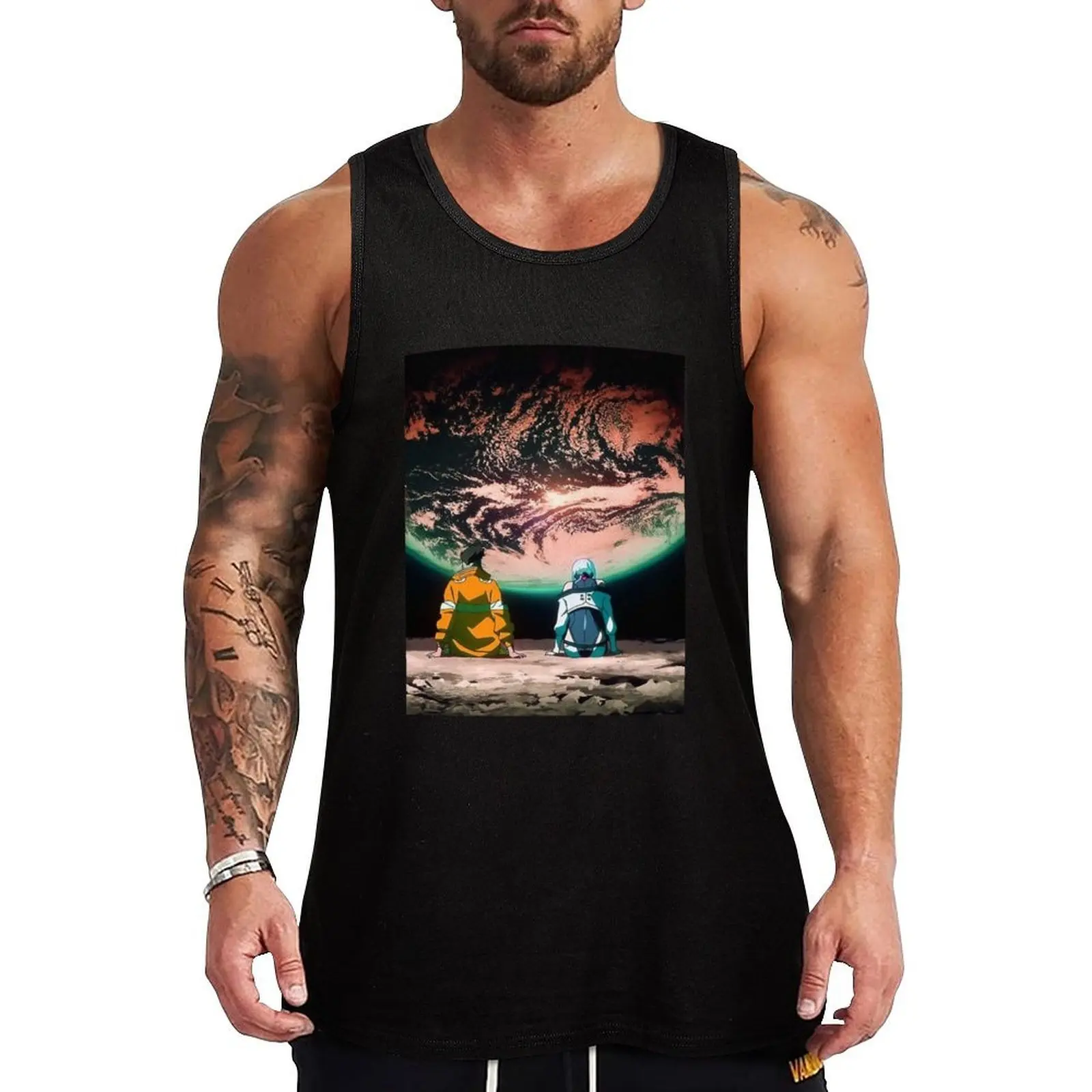 

Cyberpunk Edgerunners David and Lucy full moon Tank Top sleeveless shirts gym accessories man T-shirt Men's gym