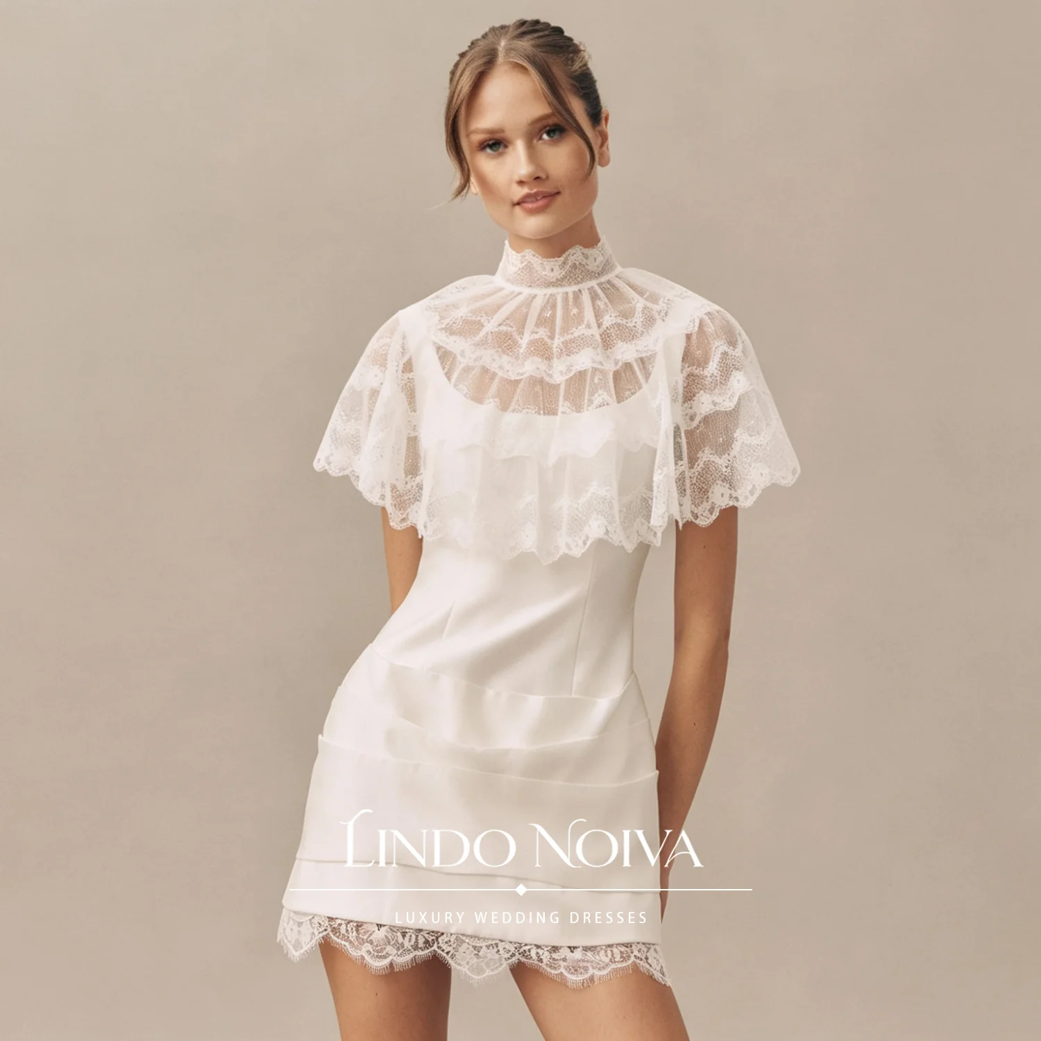 LINDO NOIVA Customized Ivory High Neck Lace Capelet Short Wedding Dress Lace-Up Dress Vestidos De Novia For After Party & civil
