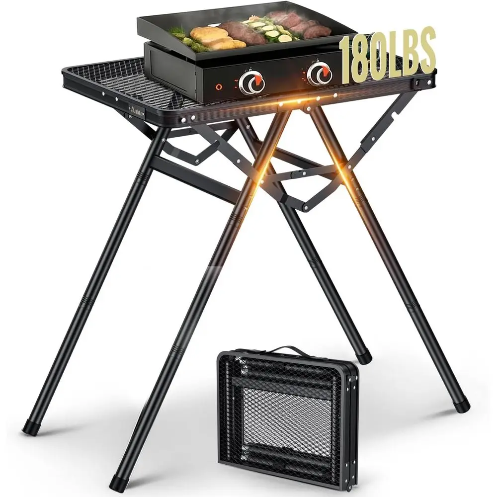 

Portable 2-Tier Grill Table with Adjustable Height, Supports 180 Lbs, Heat-Resistant for Outdoor BBQ and Camping, 24x16, Black