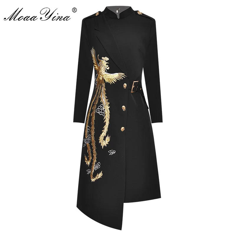 

Fashion Designer Spring Autumn Women's Stand collar Embroidery Elegant Asymmetrical Dresses