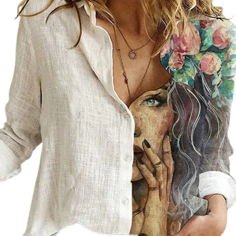 Damska długa bluzka z rękawami do połowy ramienia, elegancka, do pracy, z nadrukiem, łączona, o prostym kroju, zapinana na guziki, okrągły dekolt, długość do kolan, jednolita kolorystycznie.