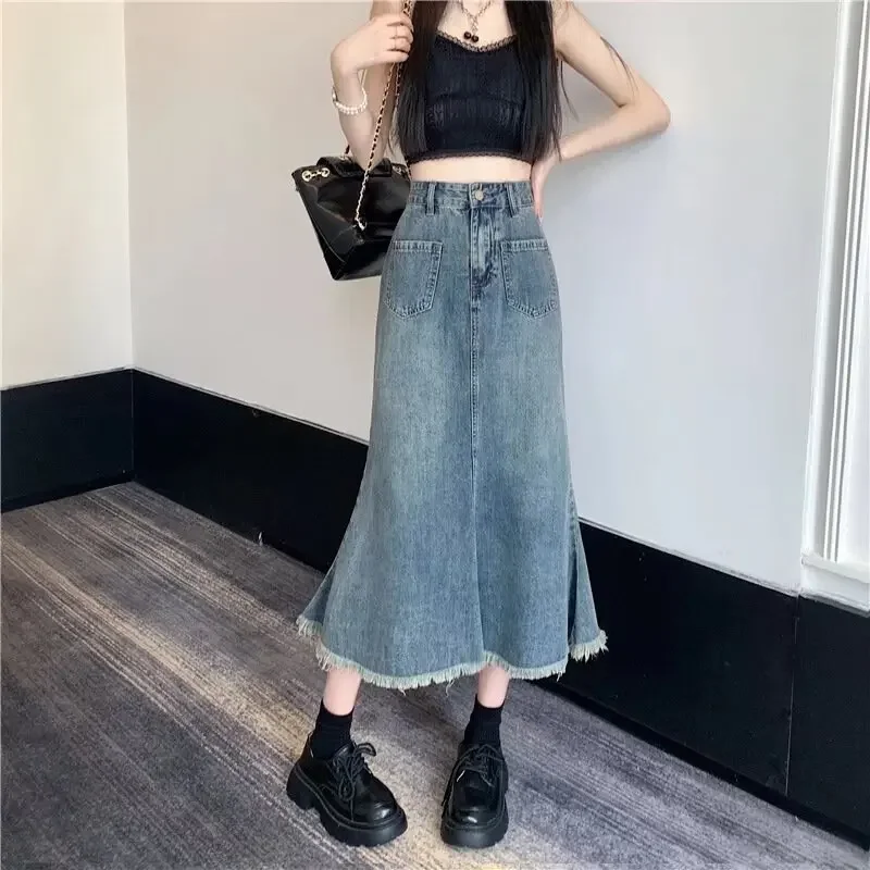 Pop High-waisted A- Line Bluefish Tail Skirt For Women Versatile Vintage Fringe Denim Hip Covering Mid-length Dress Trendy