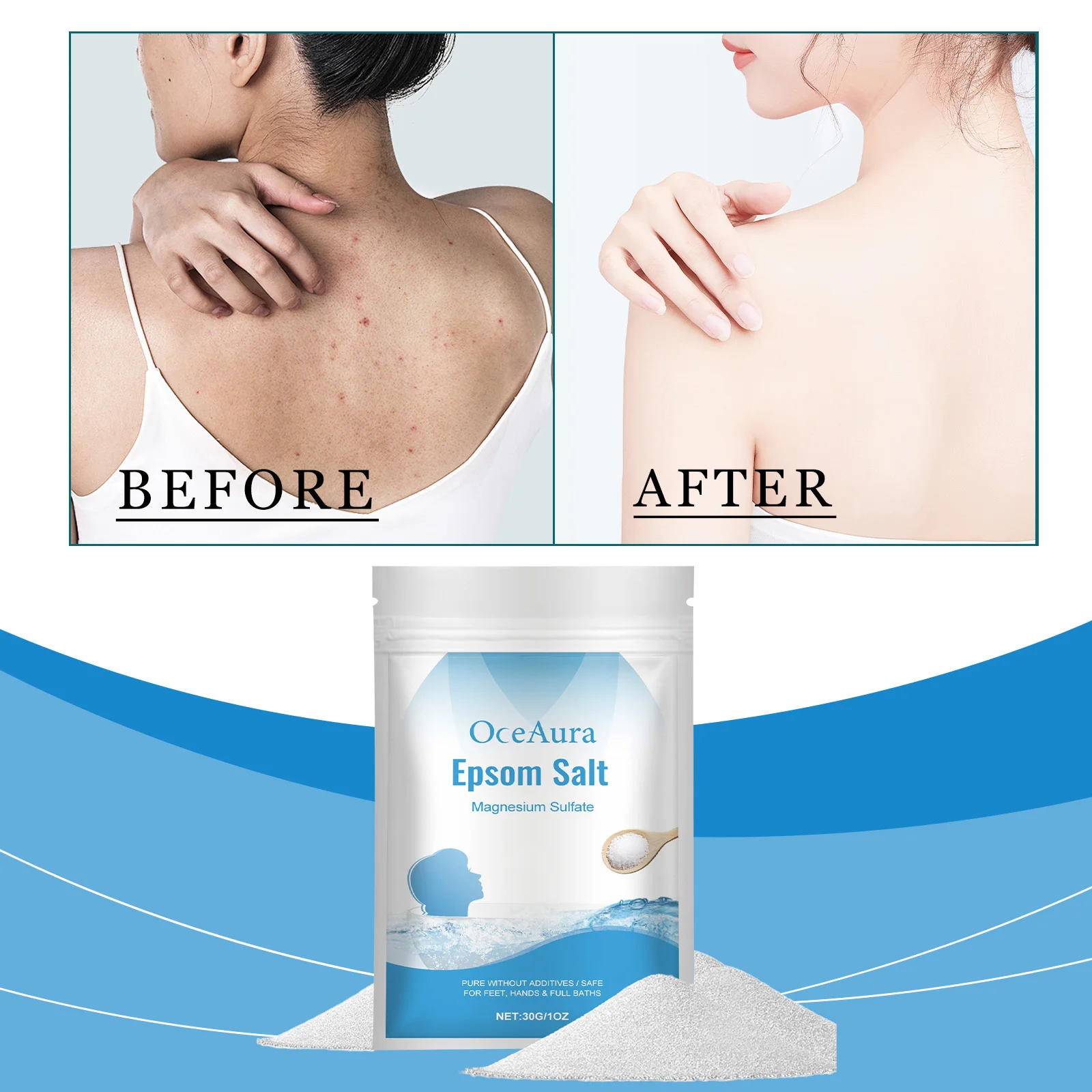 Epsom sal sulfato de magnesio hidratante exfoliante pies naturales puros manos baño relajación corporal alivio muscular desintoxicación cuidado de la piel