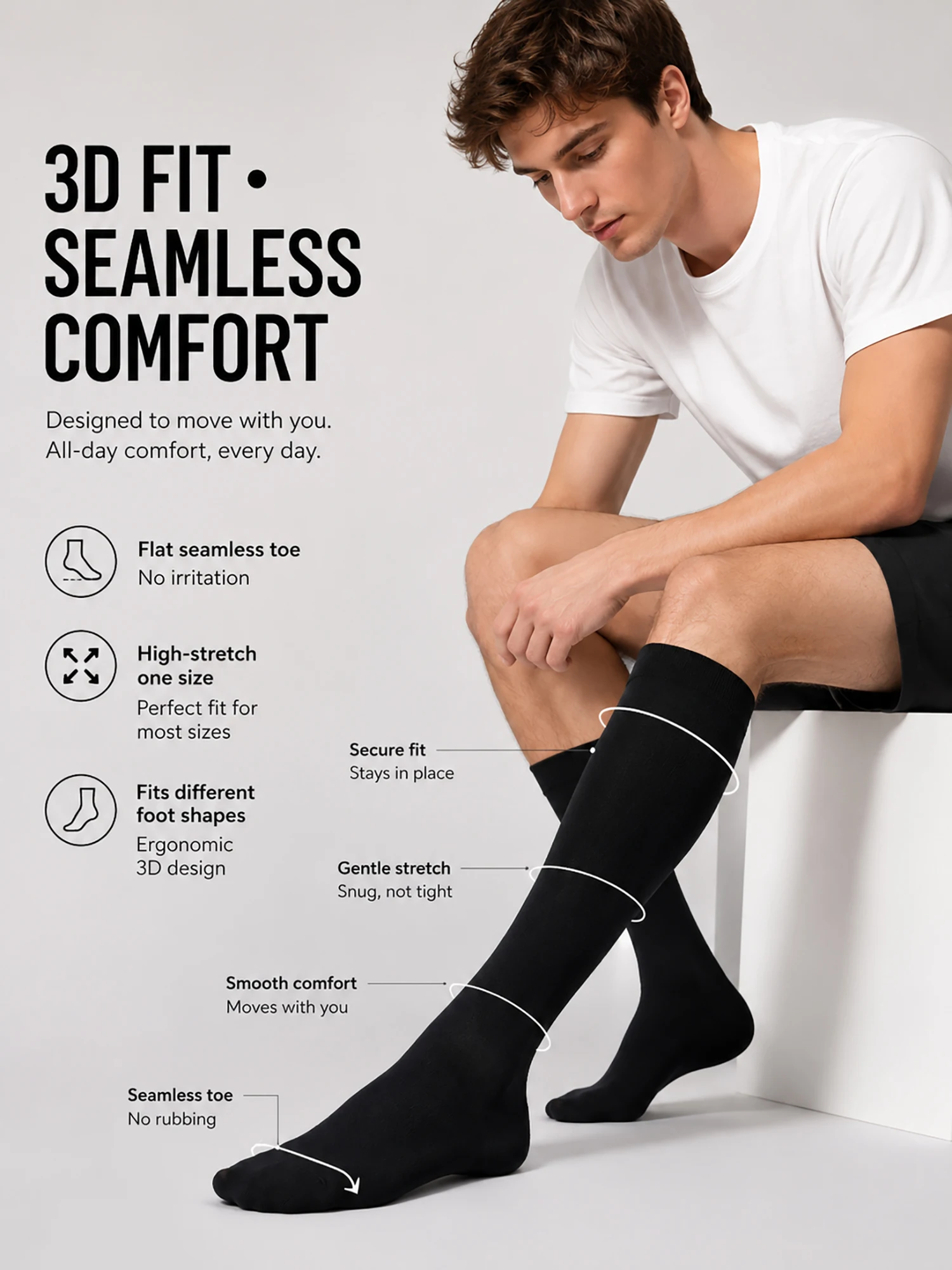 1/3/5 Pairs Men Knee High Dress Socks Flat Seamless Toe 3D Ergonomic Fit High Stretch Comfortable Long Business Formal Socks