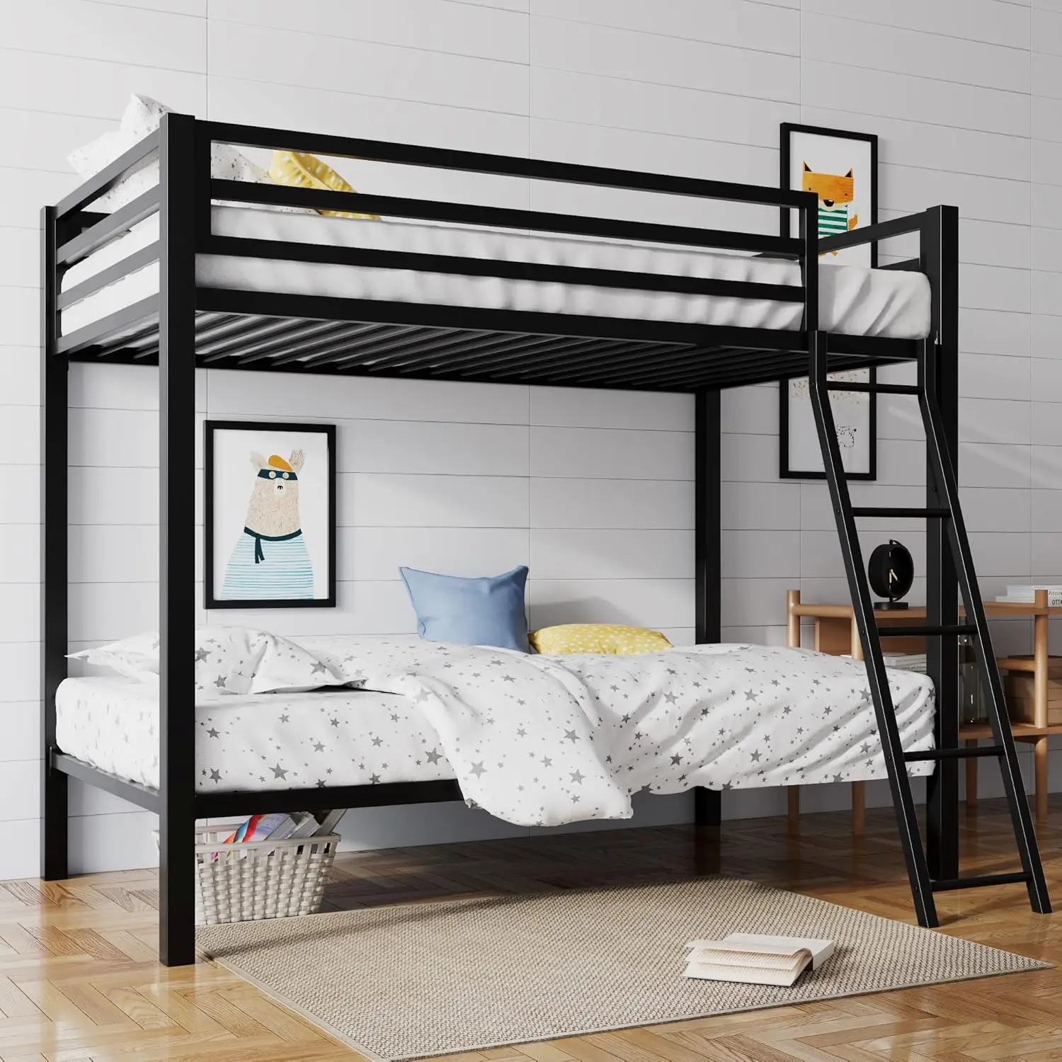 

Sha Cerlin Twin Over Twin Metal Bunk Bed For Juniors, Industrial Twin Bunk Beds Frame With Inclined Stairs & Full-Length